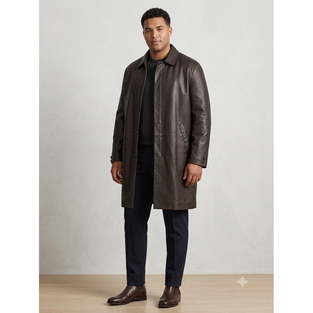 ZARA Men's Dark Brown‎ Leather Car Coat Quilted Houndstooth Lined Size Large